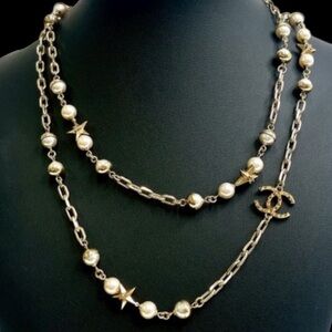 CHANEL Gold Tone Long Strand Pearl & Star Necklace with CC Charm